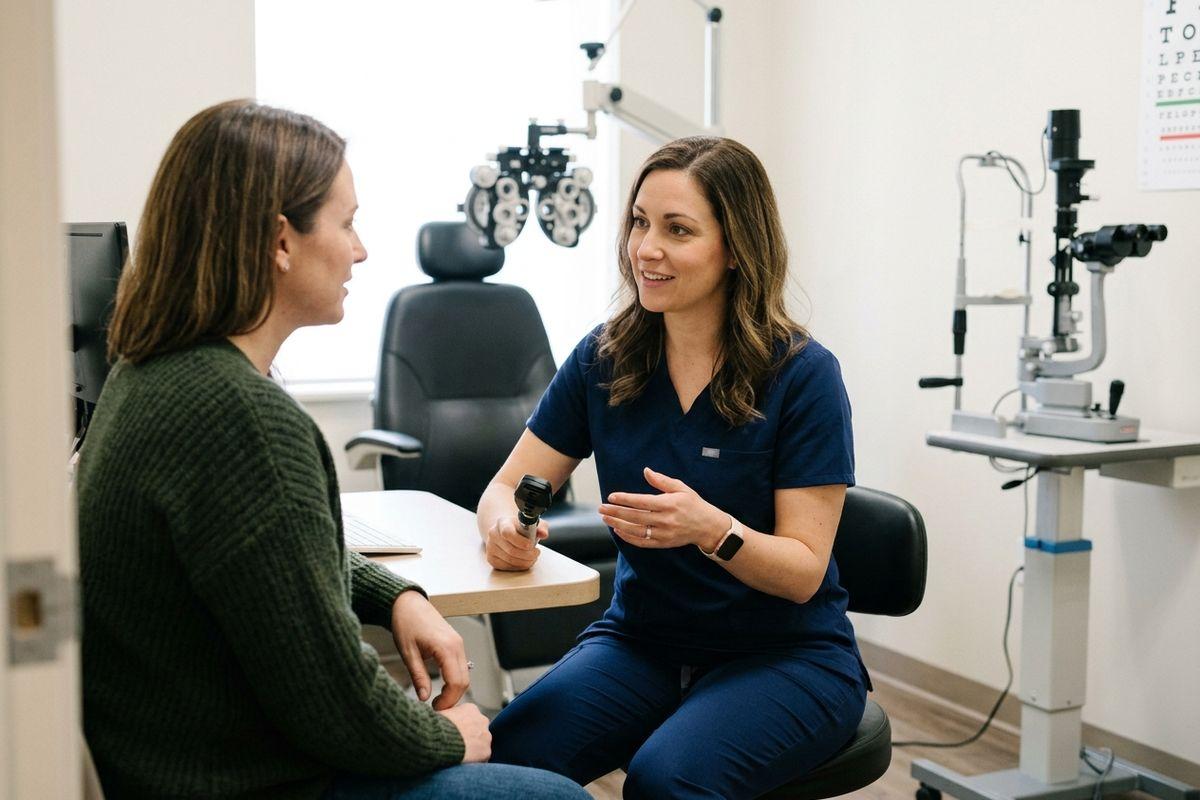 Optometrist smiling and speaking with a seated patient in an eye exam room with a phoropter, slit lamp, and eye chart visible.
