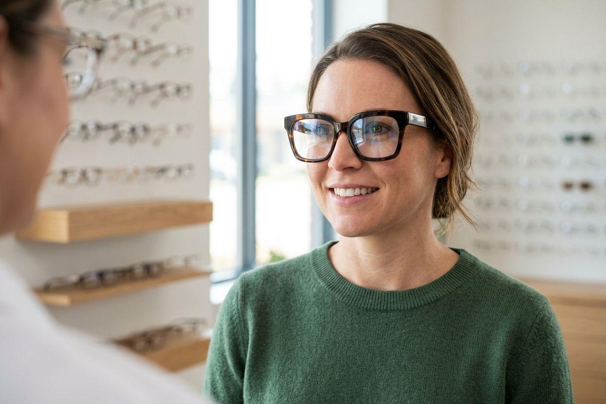 Smiling adult trying on tortoiseshell glasses frames in an optical shop, speaking with a second person facing away from the camera.