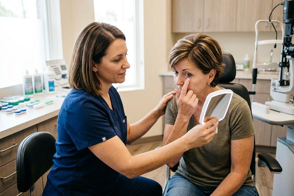 Optometrist assists a patient inserting a contact lens while the patient holds a mirror, in an eye exam room.