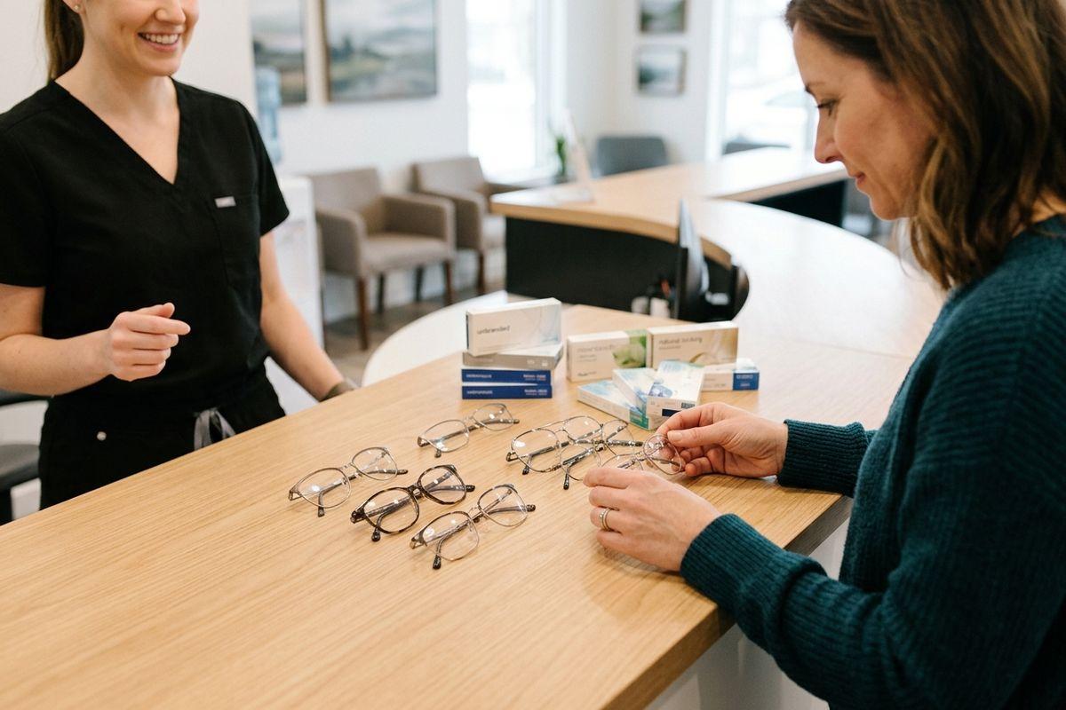 Two adults at an optical clinic counter, one smiling staff member and one patient examining multiple eyeglass frames spread on the desk.