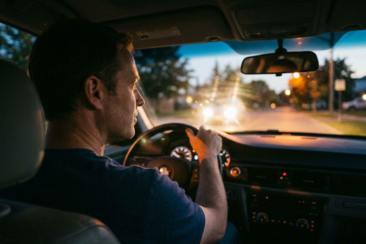 Adult driving a car at dusk, viewed from the back seat, facing bright oncoming headlights through the windshield.