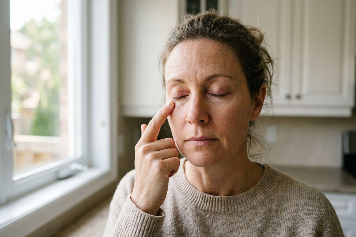 Adult with eyes closed touching the skin under one eye with a fingertip, standing in a kitchen beside a bright window.