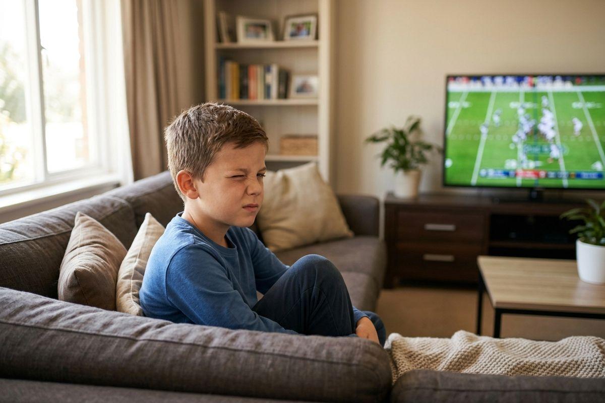 Child sitting curled up on a grey sofa with a grimacing expression, in a living room with a football game on the TV.