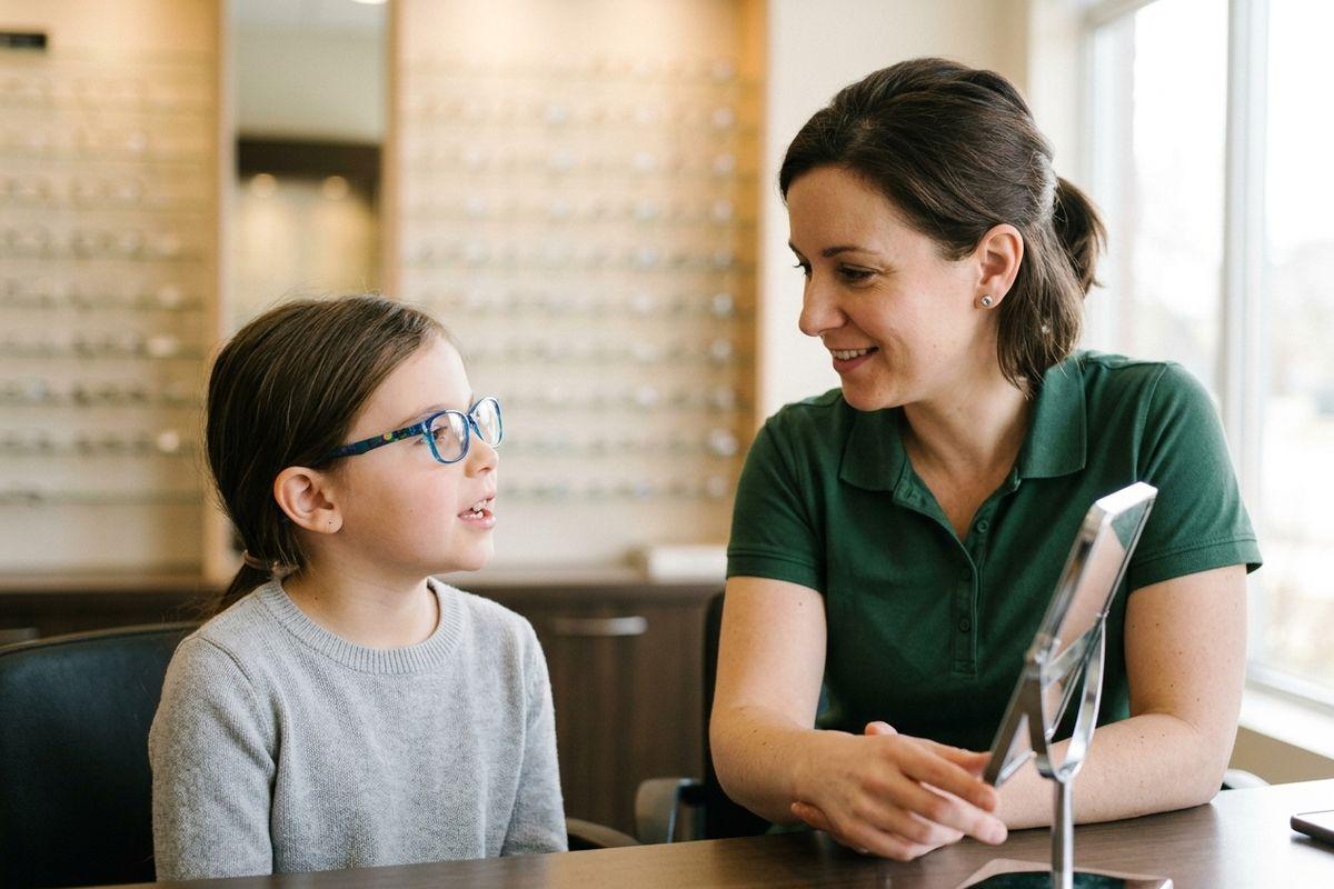 Child wearing blue glasses sits at a table beside a smiling adult in an optical shop, with eyewear display racks and a mirror nearby.